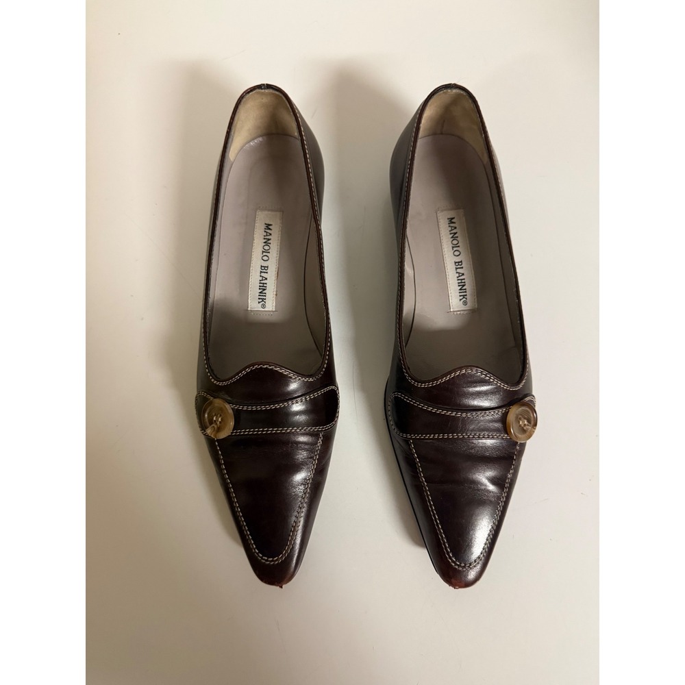 Manolo Blahnik Brown Leather Pointed Toe Button Loafers Flats Italy 36.5